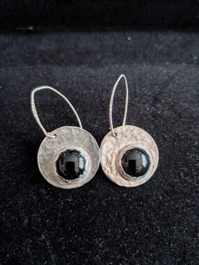 Handcrafted Sterling Silver 925 Silver Disc Earrings with Black Onyx Cabochon